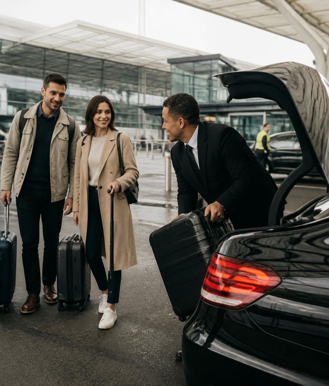 Three passengers being greeted by a chauffeur loading luggage at an airport terminal