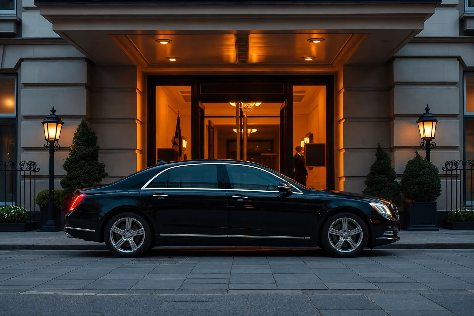 Luxury Sedan at a Grand Hotel Entrance